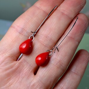 Bright red earrings, Red dangle earrings, Long red earrings, Red teardrop earrings, Red glass earrings, UK jewellery image 4