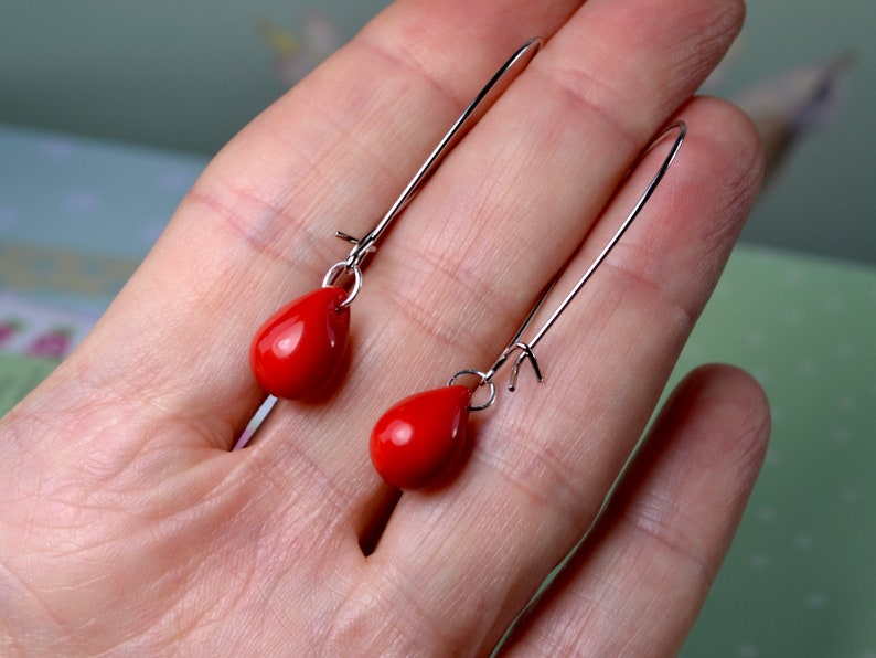 Bright red earrings, Red dangle earrings, Long red earrings, Red teardrop earrings, Red glass earrings, UK jewellery image 4