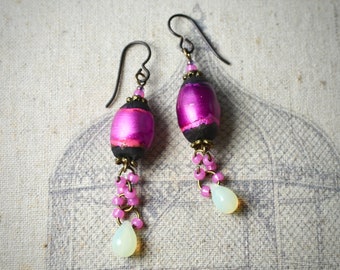 Magenta cocoon earrings with artisan ceramics in pink & purple and cascading drops, Niobium bronze hooks, Unusual long striking boho dangles