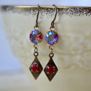 Red crystal earrings, Antique brass charms & hooks, Iridescent Art Deco style jewellery