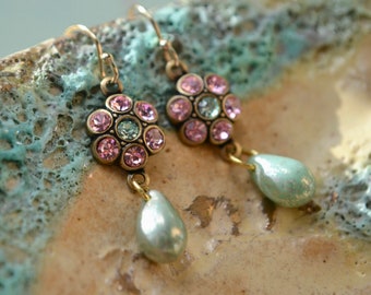 Pale green teardrop & pink crystal flower earrings with gold fill hooks, Floral motif glass jewellery dainty gift for wedding anniversary