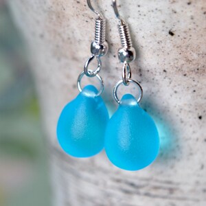 Bright blue teardrop earrings with seaglass effect beads, Silver-plated hooks image 7