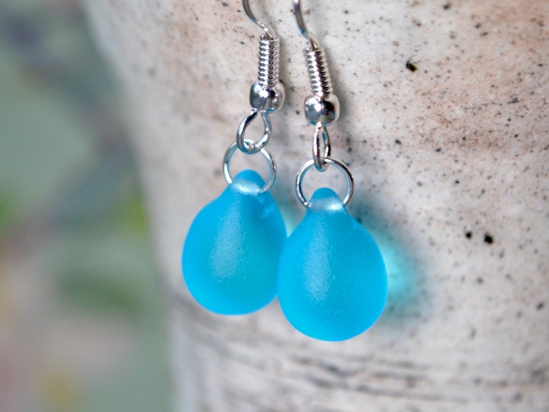 Bright blue teardrop earrings with seaglass effect beads, Silver-plated hooks image 7