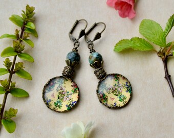 Floral cameo earrings in honey yellow with green & pink blossoms, African turquoise stones antique brass leverbacks, Flower decal cabochons