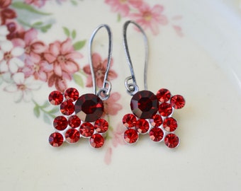 REDUCED Red crystal earrings with rhinestone clusters & antique silver hooks, Festive jewellery