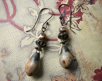 Artisan ceramic teardrop earrings in a boho earthy style with handmade drops & hooks, Brown caramel speckled one of a kind jewellery gift