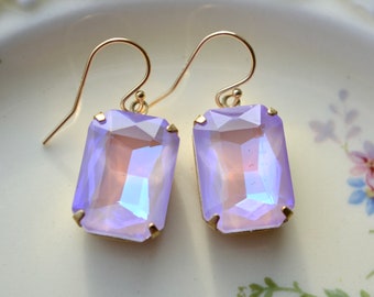 Lilac & peach fuzz earrings with large rectangular glass crystals and gold fill hooks, Sparkly shimmer violet blue drop gift for mothers day