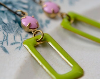 Colour block earrings in lime green & pink with brass-plated hooks