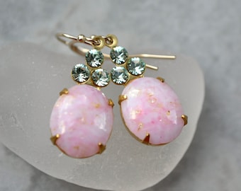 Pink & green drop earrings with vintage glass, Marble effect jewellery, Now with gold filled hooks, Best sellers