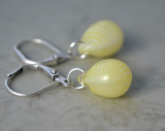 Very pale yellow teardrop earrings with silver-plated leverbacks, Light jonquil spring pastel glass, Small lemon beads Birthday anniversary