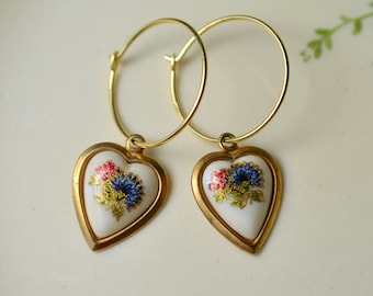 Cameo heart hoop earrings with gold vermeil hoops & vintage Japanese floral decal charms, Adorable loveheart gift, Bridesmaid present