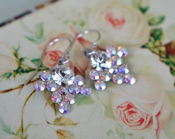 Sparkly crystal cluster earrings with dainty sterling silver hooks, Rainbow ab effect petite glass drops party wedding anniversary present