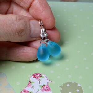 Bright blue teardrop earrings with seaglass effect beads, Silver-plated hooks image 4