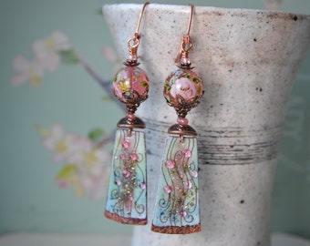 Artisan enamel & tensha bead earrings with a pretty floral motif in pink and green, Romantic boho vibe long unique handmade leverbacks