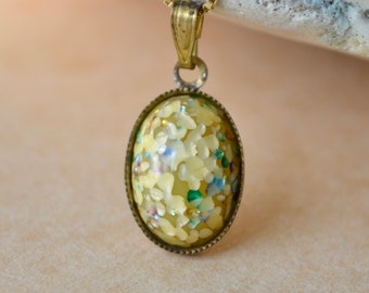 Vintage terrazzo necklace with mosaic glass oval cabochon pendant & gold vermeil chain, Pale yellow and brass jewellery, Mothers day gift