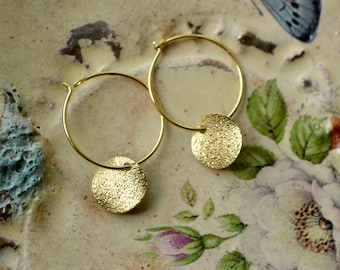 Gold hoop earrings with etched wavy gold discs, Sparkly shimmery stardust circle drops, Simple minimalist glittery earrings for everyday