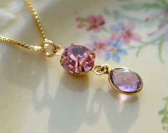 Amethyst pendant necklace with pale pink crystal & dainty gold filled box chain, February birthstone gift, Layering gemstone necklace