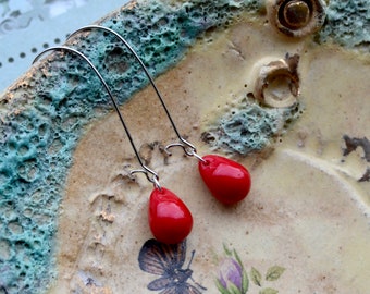 Bright red earrings, Red dangle earrings, Long red earrings, Red teardrop earrings, Red glass earrings, UK jewellery