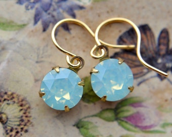 Dainty aqua earrings with opalescent glass crystals & gold-plated hooks