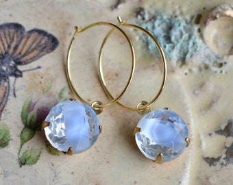 Blue bead hoop earrings with gold vermeil hoops & vintage givre marble blue glass dangles, Sky blue wedding gift bridesmaid mothers day