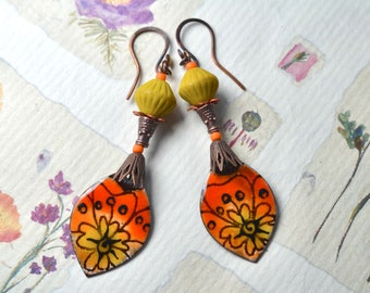 Artisan enamel earrings in vibrant orange & yellow with handcrafted copper hooks, Unusual unique statement dangly boho jewellery - FIESTA