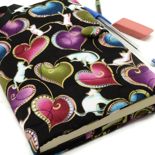 Cats and Hearts Journal Cover, Moleskine Cover, Refillable Journal Slipcover Fabric Diary -  Jewel Tones on Black with Golden Highlights