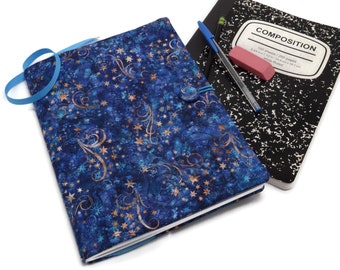 Blue Swirling Stars Composition Notebook Cover, Reusable Fabric Journal Cover, School Notebook  - Star Journal Notebook in Blue