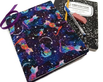 Cats in Space Composition Notebook Cover, Reusable Fabric Journal Cover, School Notebook  - Galaxy Cats on Purple and Blue Notebook