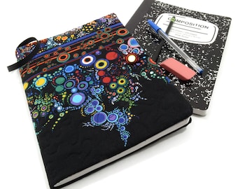 Colorful Composition Notebook Cover, Quilted Fabric Journal - Colorful Dots on Black Notebook