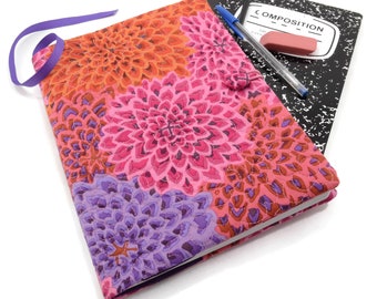 Flower Composition Notebook Cover, Reusable Fabric Journal Cover, School Notebook  - Pink Purple and Orange Flowers - Floral Notebook