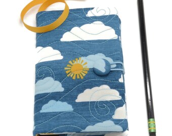 Pocket Journal Cover, Small Journal Cover, 3.5 x 5.5 inch, Journal Slipcover - Clouds on Blue Sky with Yellow Suns