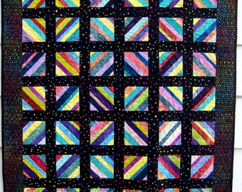 Colorful Lap Quilt, Sofa Throw, Toddler Blanket - Strip Pieced Quilt in Hand Dyed Cotton with Black Batiks