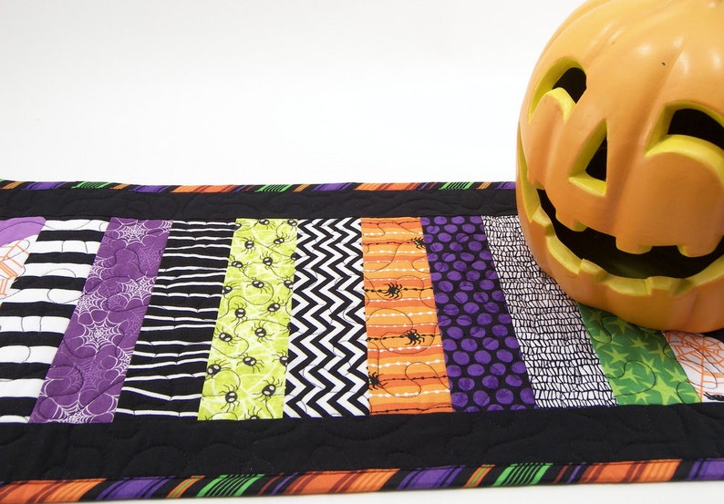 Halloween Table Runner, Quilted Table Topper With Spiders in Black ...