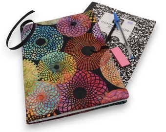 Composition Notebook Cover, Quilted Fabric Journal - Colorful Patterned Circles on Black Notebook