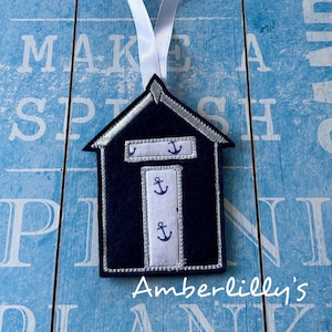 Blue and white Beach Hut Decor, Seaside theme gift idea for her him, felt door hanger, summerhouse, gift for teacher end of year,