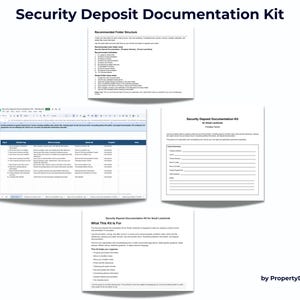 May include: A Security Deposit Documentation Kit featuring a digital spreadsheet template, a printable form, and instructional documents. The kit includes a recommended folder structure, a checklist for property records, and a guide for small landlords.