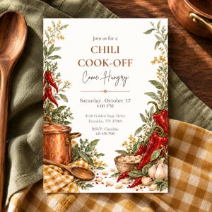 May include: A white invitation card for a Chili Cook-Off on Saturday, October 17 at 4:00 PM at 2148 Golden Sage Drive, Franklin, TN 37069. The card features illustrations of red chili peppers, garlic, beans, and a copper pot.