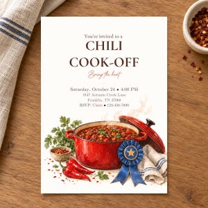 Uitnodiging voor een chiliwedstrijd | Uitnodiging voor een herfstchilifeest | Herfstpotluck | Bewerkbare Canva-sjabloon | Printbare uitnodiging (5x7 inch)