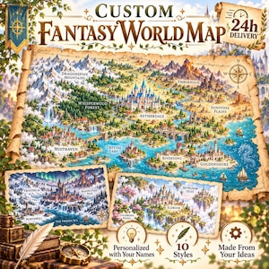 May include: A custom fantasy world map illustration on parchment paper featuring mountains, forests, castles, and bodies of water. The text reads Custom Fantasy World Map, 24h Delivery, Personalized with Your Names, 10 Styles, and Made From Your Ideas.