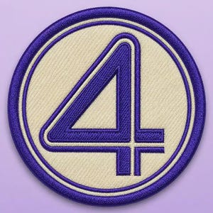 May include: A circular embroidered patch featuring a bold, dark purple number four centered on a cream-colored background. The patch is finished with a thick, dark purple stitched border that frames the design, creating a clean, defined edge.