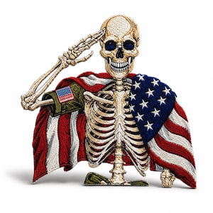 May include: An embroidered patch featuring a beige skeleton saluting with its right hand. The skeleton wears a draped American flag with red and white stripes and a blue field with white stars. A small American flag patch is on the right sleeve.