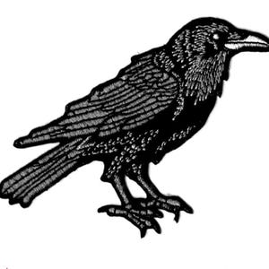 May include: A black and white embroidered patch featuring a detailed raven in profile. The design uses intricate stitching to define the bird's feathers, sharp beak, and talons, creating a high-contrast graphic representation of a standing raven.