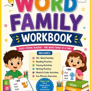 May include: A Word Family Workbook with a colourful cover featuring a boy writing in a book, a girl holding a sign with -an words, a stack of books, a pencil, and an apple. The text includes Learn, Read, Write, Spell, and By Aliya Siddique.