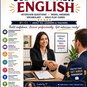 Könnte beinhalten: Ein Lehrplakat mit dem Titel Job Interview English für erwachsene Englischlernende. Es enthält Informationen zu Interviewfragen, Musterantworten und Rollenspielkarten sowie ein zentrales Bild von zwei Personen beim Händeschütteln.