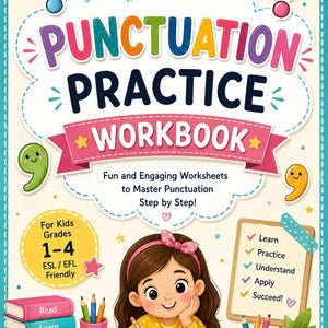 Peut inclure: Un cahier d'exercices de ponctuation pour enfants de la 1re à la 4e année avec une couverture colorée montrant un enfant souriant écrivant, des piles de livres marqués Read, Learn, Practice, Succeed et le texte Learn Punctuation. Write with Confidence!