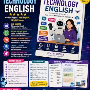 May include: A 16-page AI & Technology English workbook by Aliya Siddique featuring a white cover with a robot and a person using a laptop. The educational material includes vocabulary, speaking exercises, and real-life communication topics for adult learners.