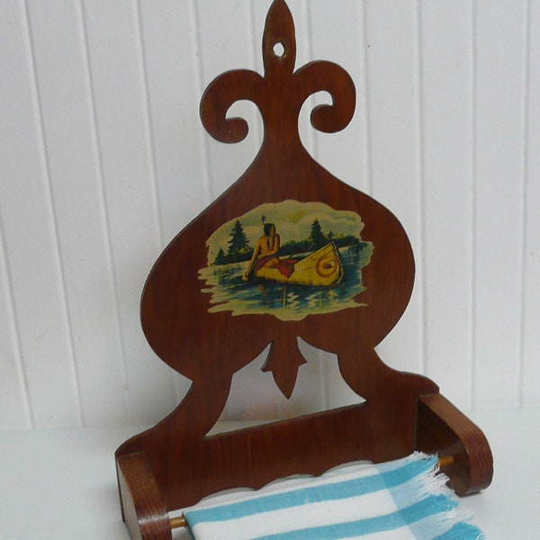 1940s Wooden Towel Rack Featuring a Native American Indian in a Canoe - Vintage Travel Trailer and Cabin Decor