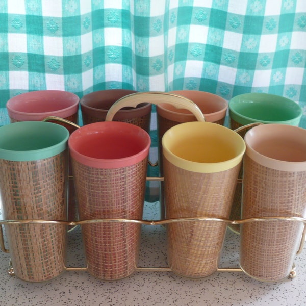 NICE Set of Eight 1960s Raffiaware Burlap Straw Weave Tumblers and Caddy, Melmac, Sherbet Colors - Vintage Travel Trailer and Home Decor