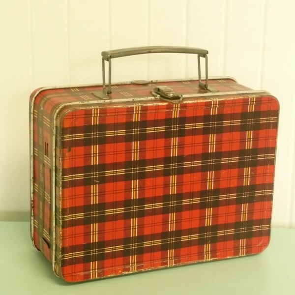 1960s Ohio Art Red Plaid Tin Metal Lunchbox, Back to School - Vintage Collectible