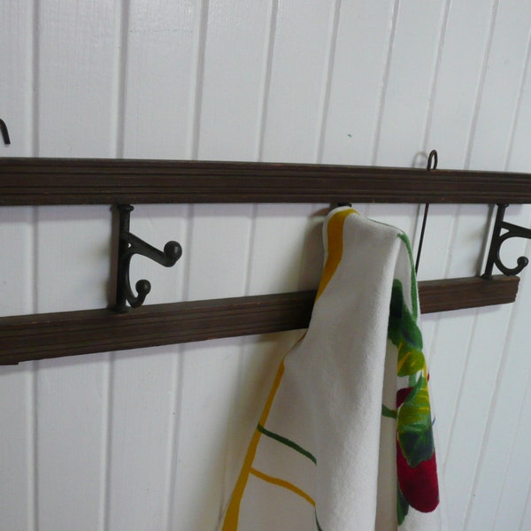 1940s Hat Coat Towel Rack, Wood and Cast Iron, Tea Towel Holder, Laundry Dryer - Vintage Travel Trailer and Home Decor